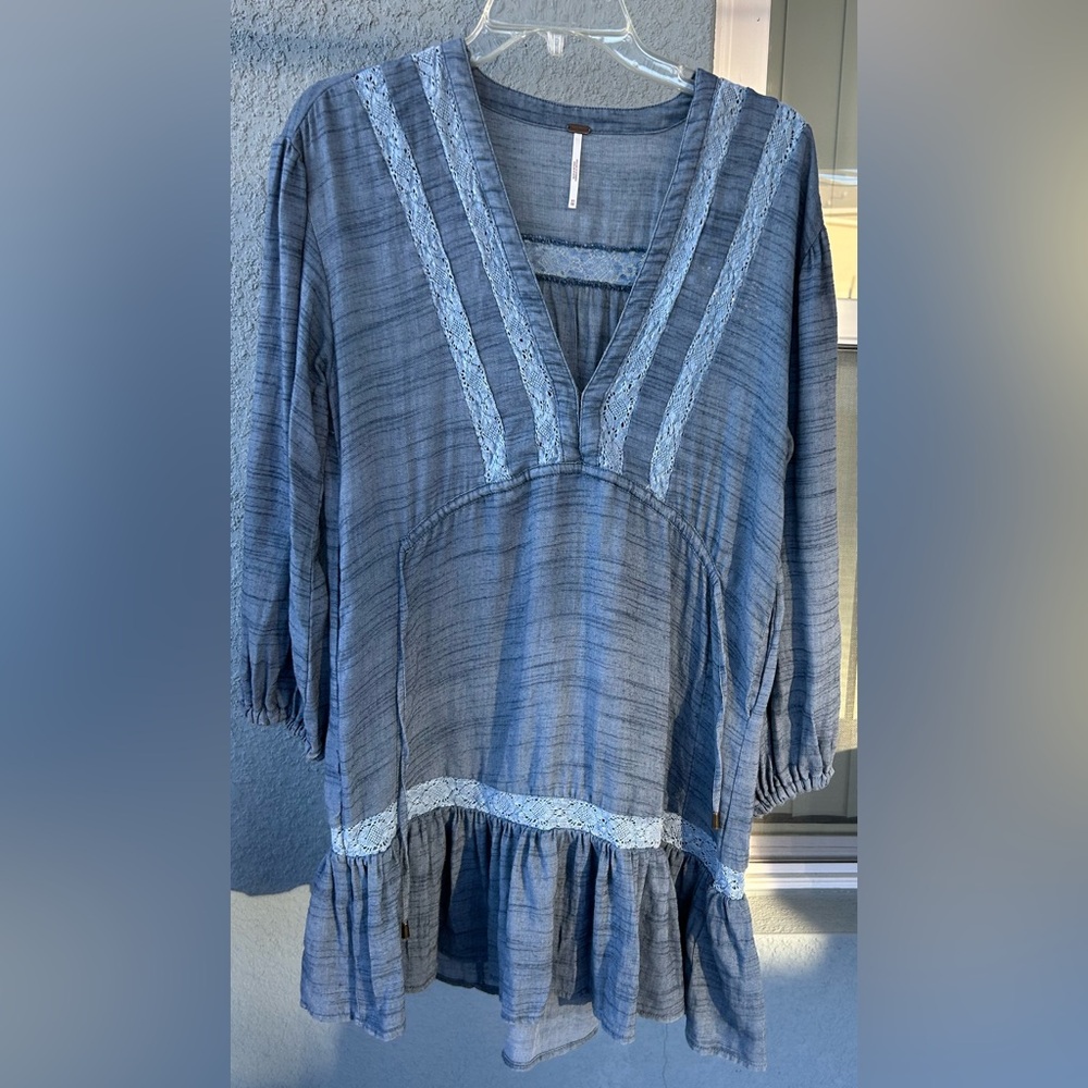 Free People Drawstring Waist Deep V-neck Long Boho Cottagecore XS Swing Dress - Picture 3 of 7
